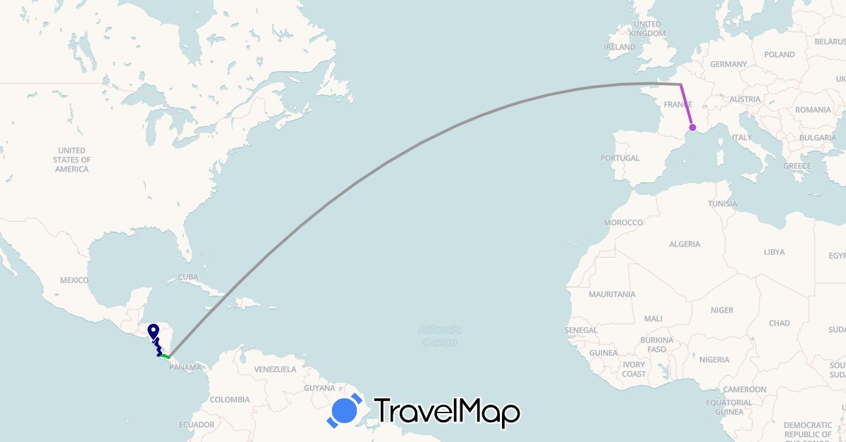 TravelMap itinerary: driving, bus, plane, train in Costa Rica, France, Nicaragua (Europe, North America)
